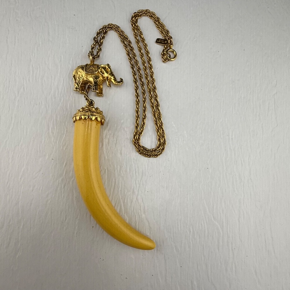 Vintage Kenneth Lane Necklace Gold Elephant Faux Tusk Chain 22in